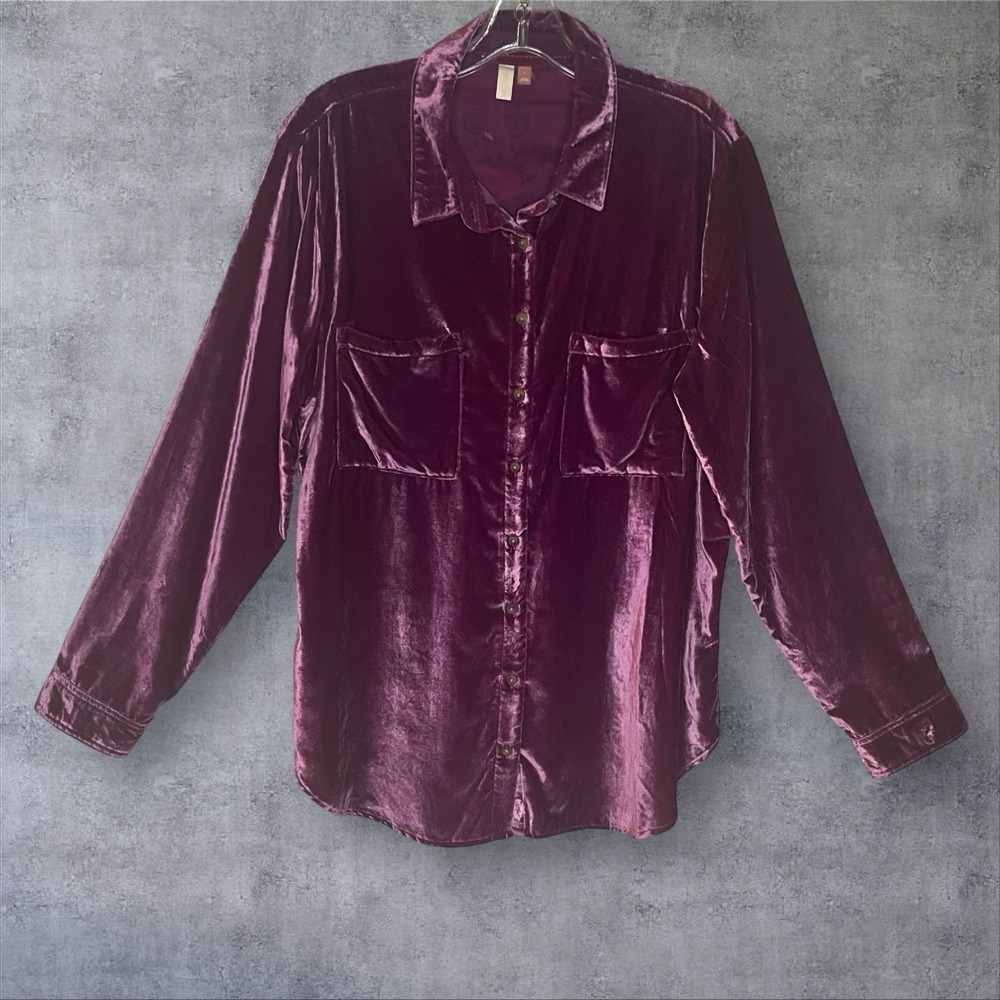 Anthropologie Pilcro Purple Crushed Velvet Button Down Shirt Blouse Womens‎ L